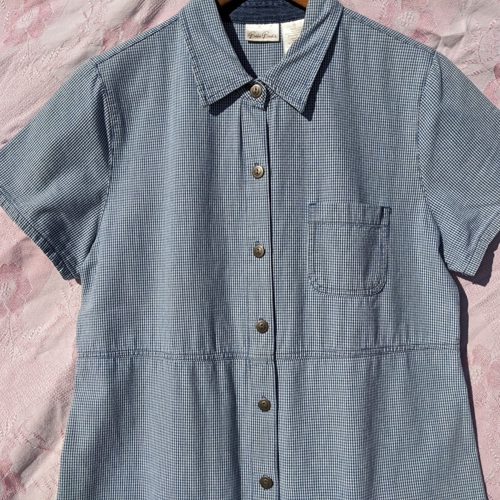 Vintage Gingham Maxi Shirt Dress Large Blue Cotton Cottagecore Button Up Plaid - Picture 2 of 13